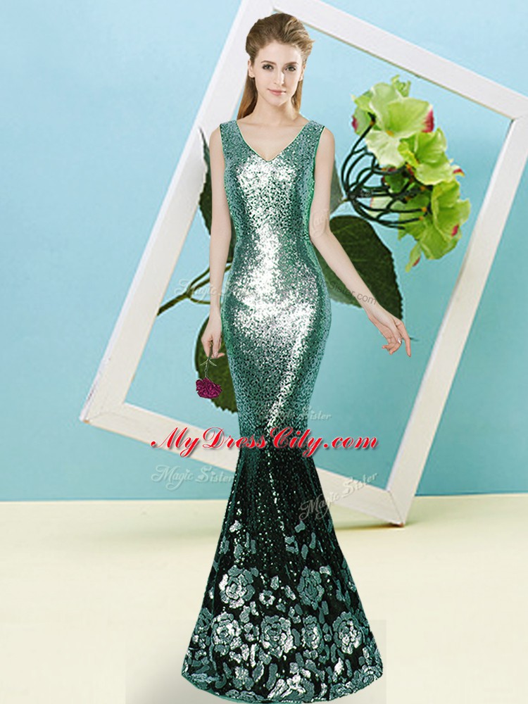 High Class Turquoise Zipper Prom Dresses Sequins Sleeveless Floor Length