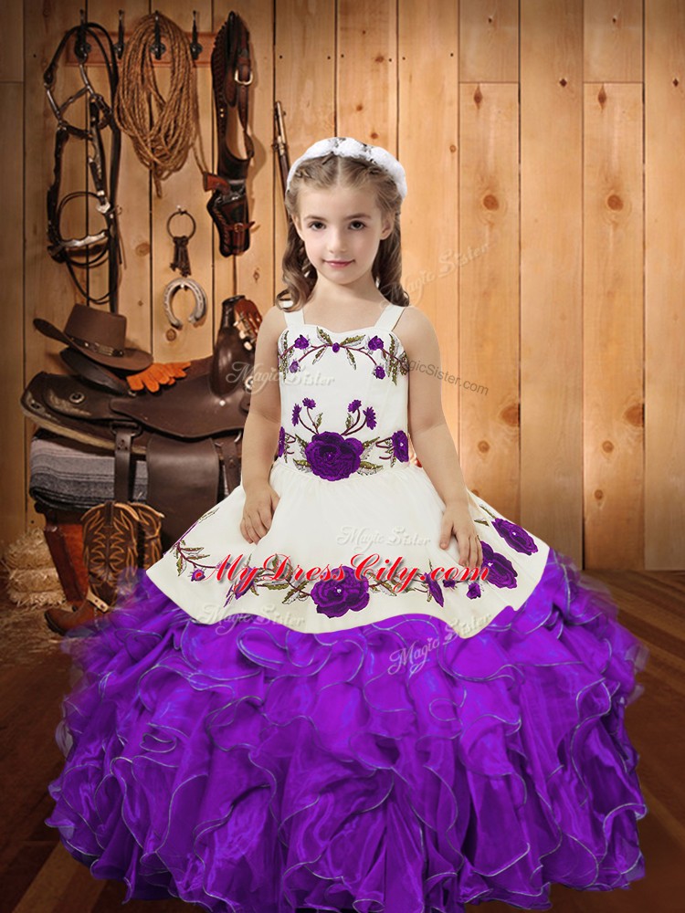 Fashion Eggplant Purple Lace Up Straps Embroidery and Ruffles Pageant Dresses Organza Sleeveless