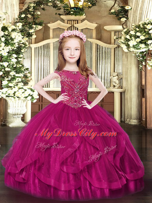 Fuchsia Sleeveless Tulle Zipper Kids Pageant Dress for Party and Quinceanera