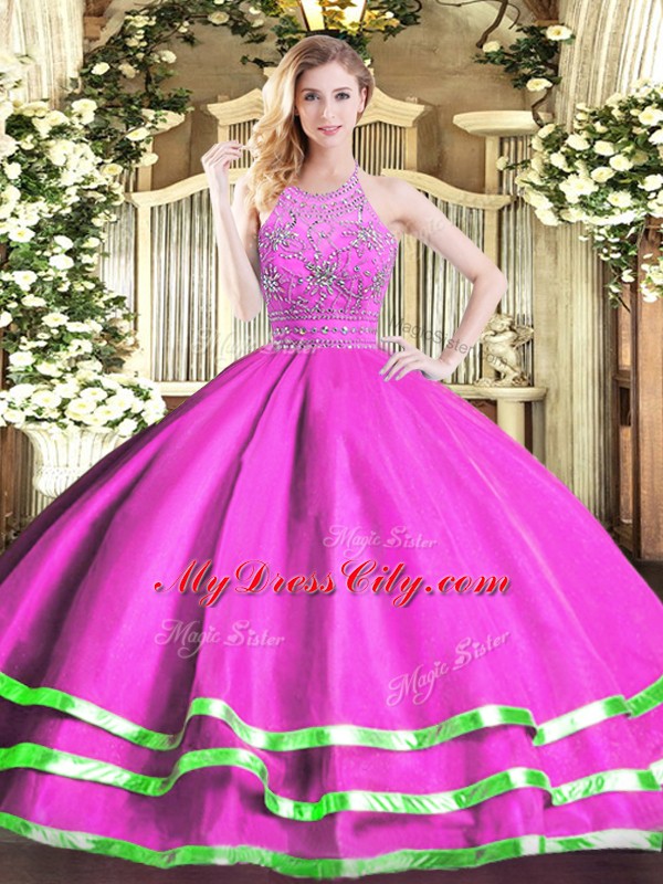 Charming Tulle Halter Top Sleeveless Zipper Beading Quinceanera Gowns in Fuchsia