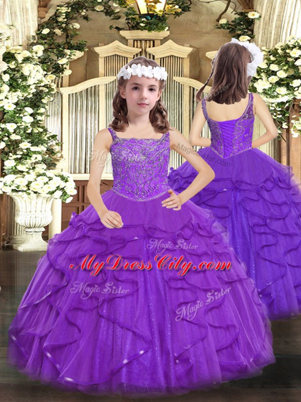 Fashion Purple Straps Neckline Beading and Ruffles Kids Pageant Dress Sleeveless Lace Up
