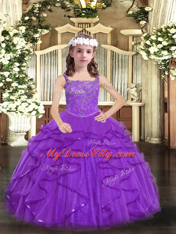 Fashion Purple Straps Neckline Beading and Ruffles Kids Pageant Dress Sleeveless Lace Up