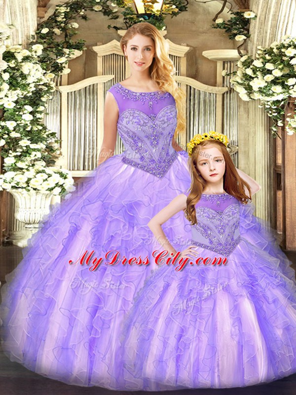 Lavender Sweet 16 Dress Military Ball and Sweet 16 and Quinceanera with Beading and Ruffles Scoop Sleeveless Lace Up