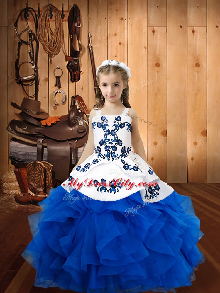 Stunning Blue Straps Lace Up Embroidery and Ruffles Kids Formal Wear Sleeveless