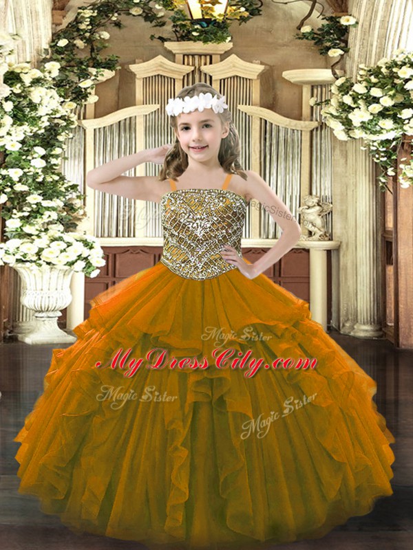 Sleeveless Floor Length Beading and Ruffles Lace Up Pageant Dress for Girls with Brown