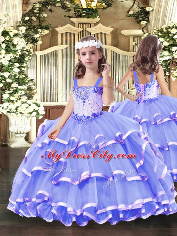 Sleeveless Organza Floor Length Lace Up Little Girl Pageant Gowns in Lavender with Beading and Ruffled Layers