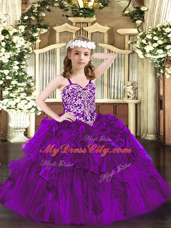 New Style Purple Ball Gowns Beading and Ruffles Pageant Dress Womens Lace Up Organza Sleeveless Floor Length