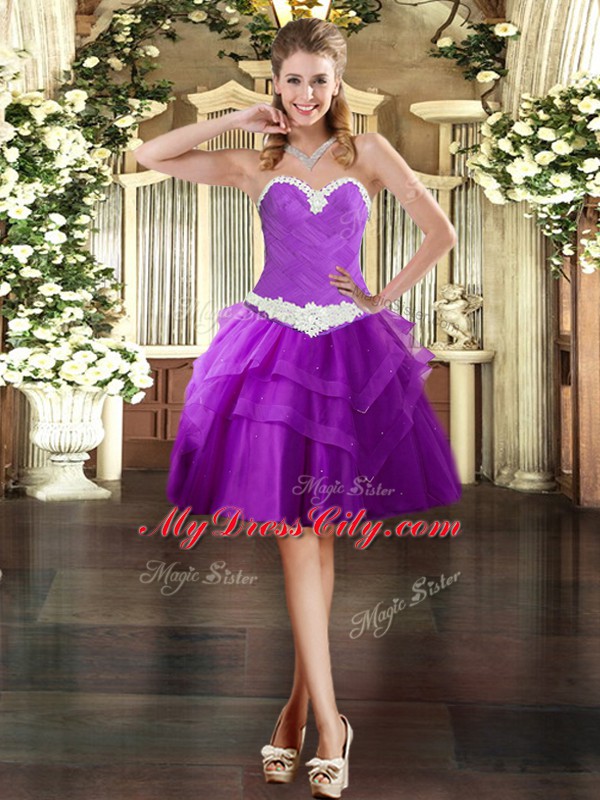 Glittering Purple Homecoming Dress Prom and Party with Appliques and Ruffled Layers Sweetheart Sleeveless Lace Up