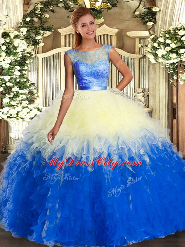 Flirting Floor Length Backless Quinceanera Gowns Multi-color for Military Ball and Sweet 16 and Quinceanera with Lace and Ruffles