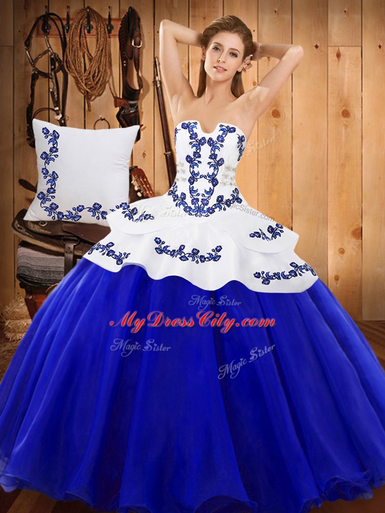 Exceptional Sleeveless Tulle Floor Length Lace Up Quinceanera Gown in Royal Blue with Embroidery