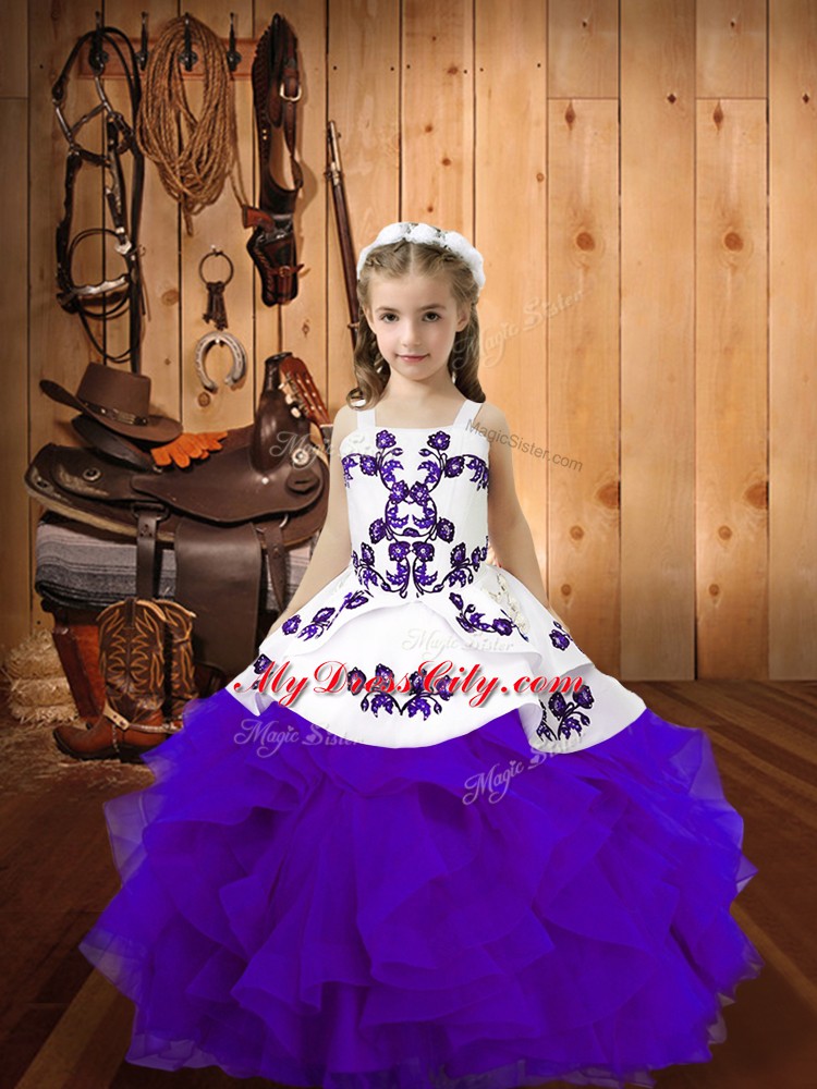 Organza Straps Sleeveless Lace Up Embroidery and Ruffles Kids Formal Wear in Eggplant Purple