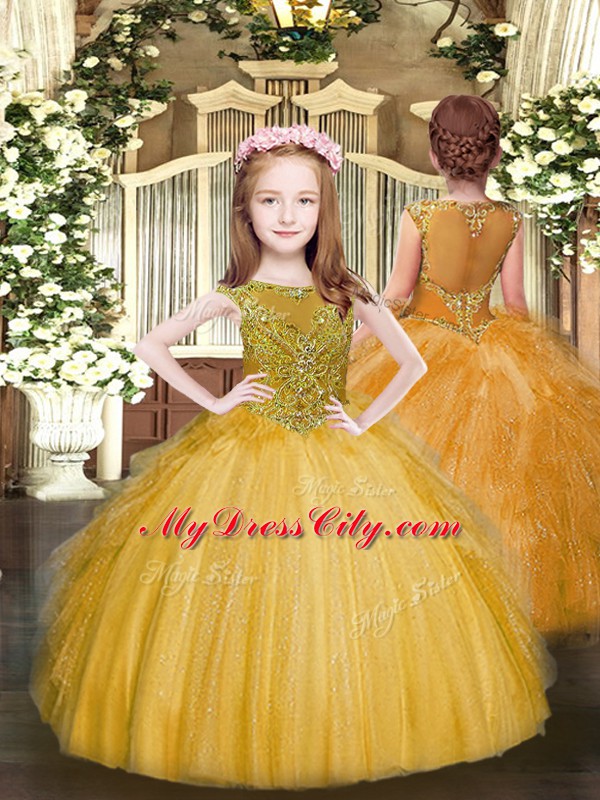 Gold Lace Up Sweet 16 Dresses Beading and Ruffles Sleeveless Floor Length