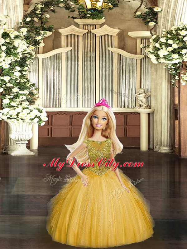 Gold Lace Up Sweet 16 Dresses Beading and Ruffles Sleeveless Floor Length