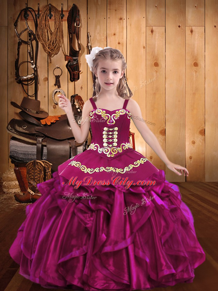 Fuchsia Straps Lace Up Embroidery and Ruffles Little Girls Pageant Gowns Sleeveless