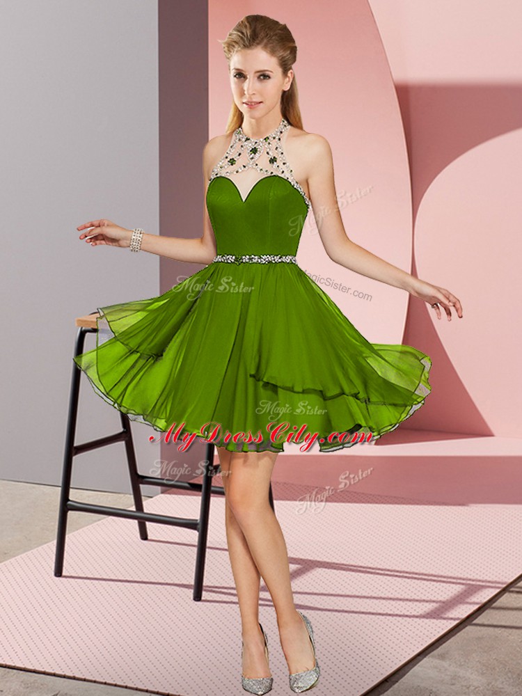 Olive Green Empire Beading Evening Dress Zipper Chiffon Sleeveless Mini Length