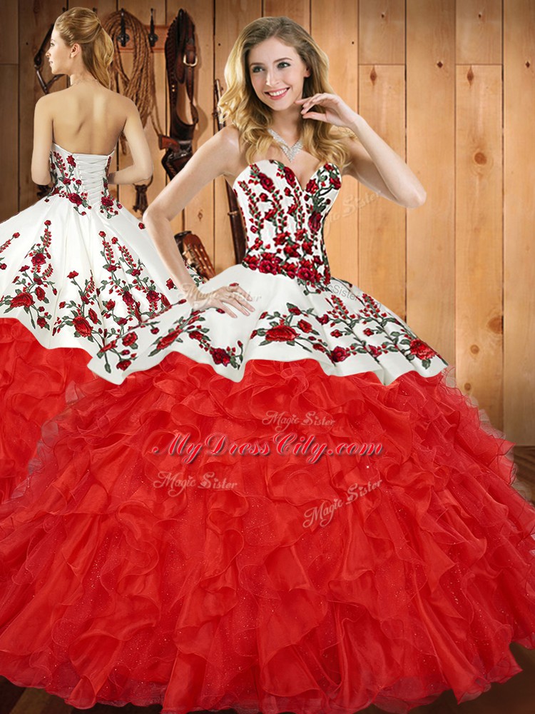 Tulle Sweetheart Sleeveless Lace Up Embroidery and Ruffles 15th Birthday Dress in Red