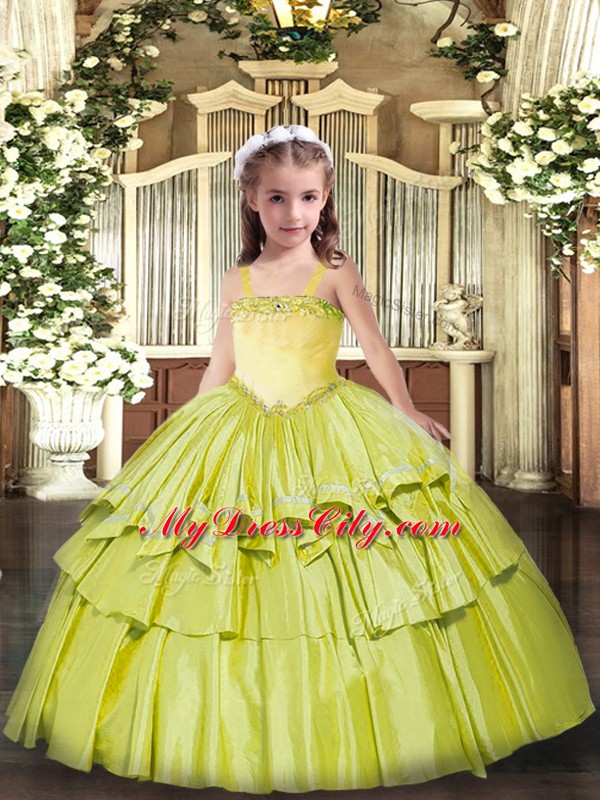 Olive Green Ball Gowns Appliques and Ruffled Layers Little Girl Pageant Dress Lace Up Organza Sleeveless Floor Length