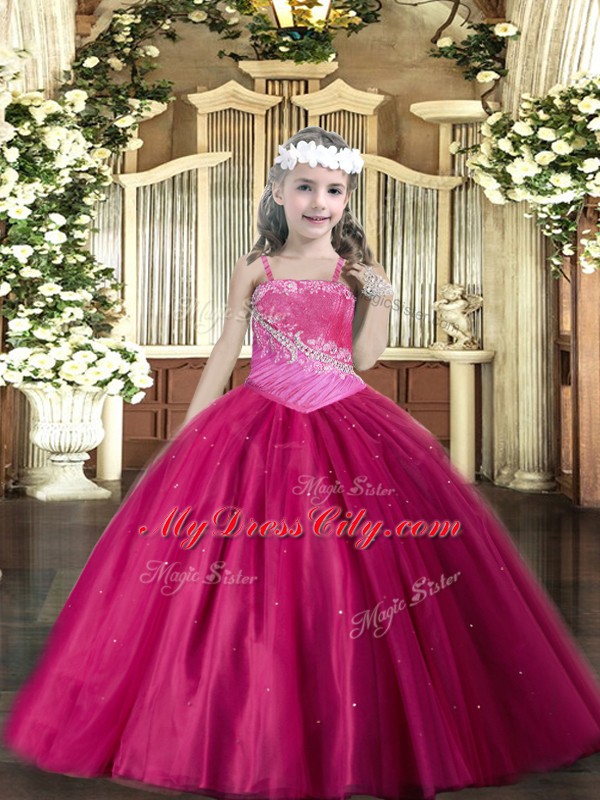 Fuchsia Sleeveless Floor Length Beading Lace Up Custom Made Pageant Dress