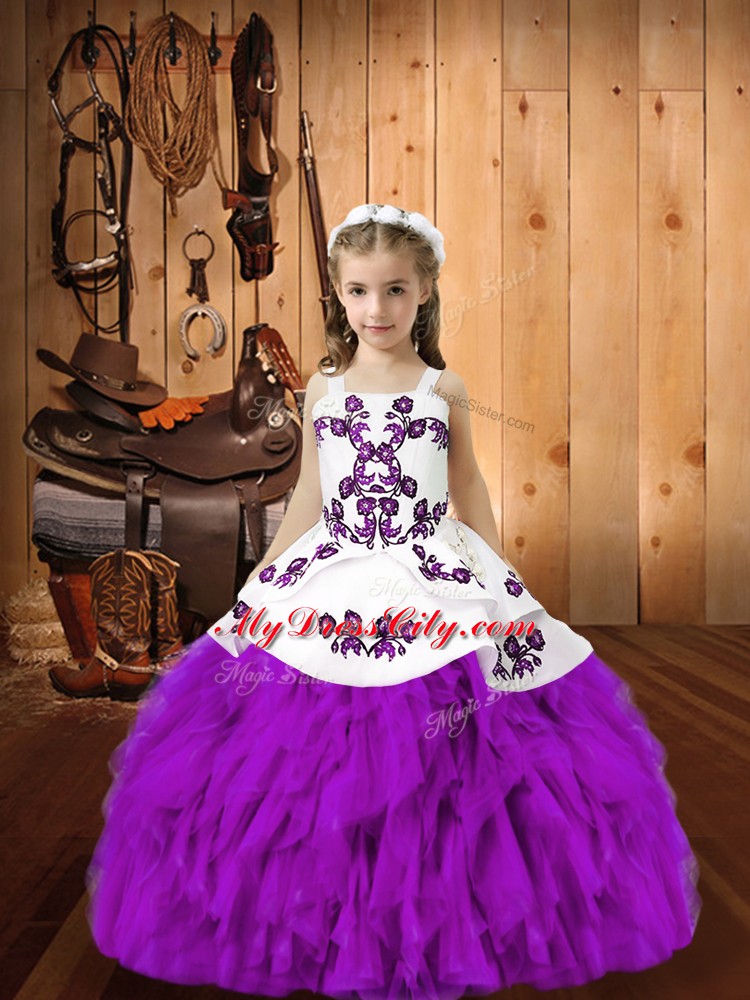 Organza Straps Sleeveless Lace Up Embroidery and Ruffles Pageant Gowns For Girls in Eggplant Purple