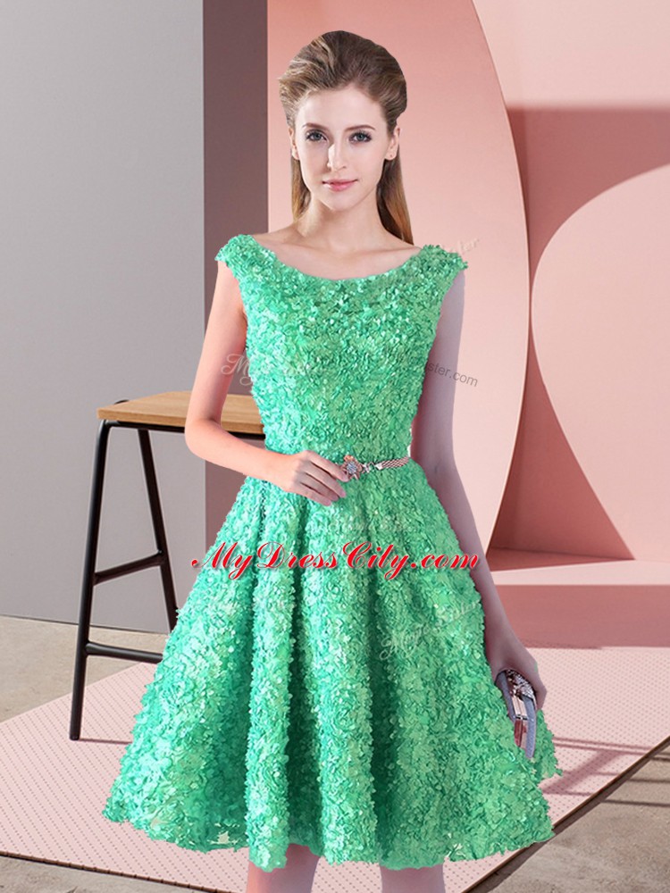 Modern Scoop Sleeveless Prom Gown Knee Length Belt Turquoise Lace