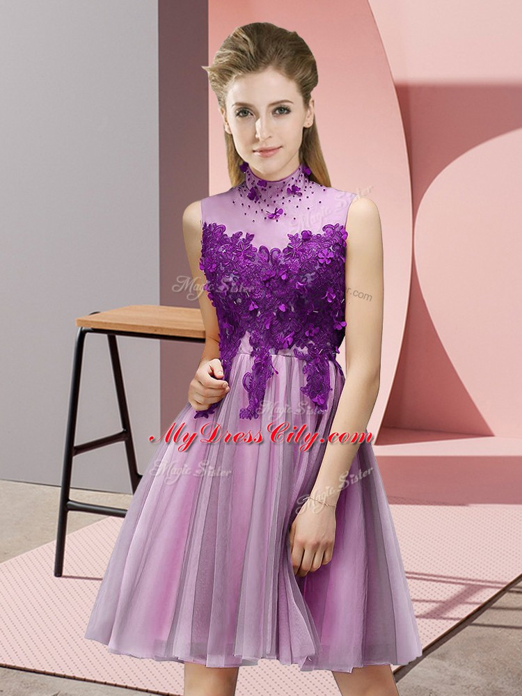 Lilac Empire Appliques Vestidos de Damas Lace Up Tulle Sleeveless Knee Length