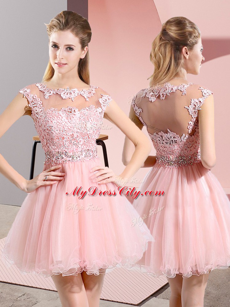 Best Sleeveless Tulle Knee Length Side Zipper Bridesmaid Dresses in Baby Pink with Beading and Lace