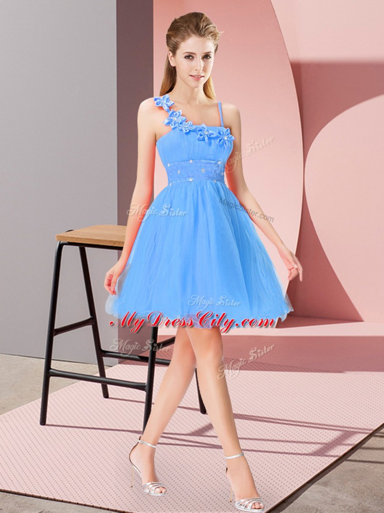 Mini Length Baby Blue Prom Evening Gown Asymmetric Sleeveless Zipper