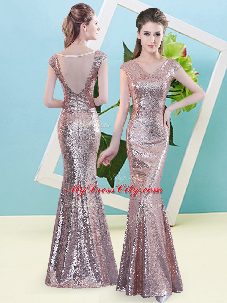 Dynamic Gold V-neck Zipper Sequins Prom Dresses Cap Sleeves