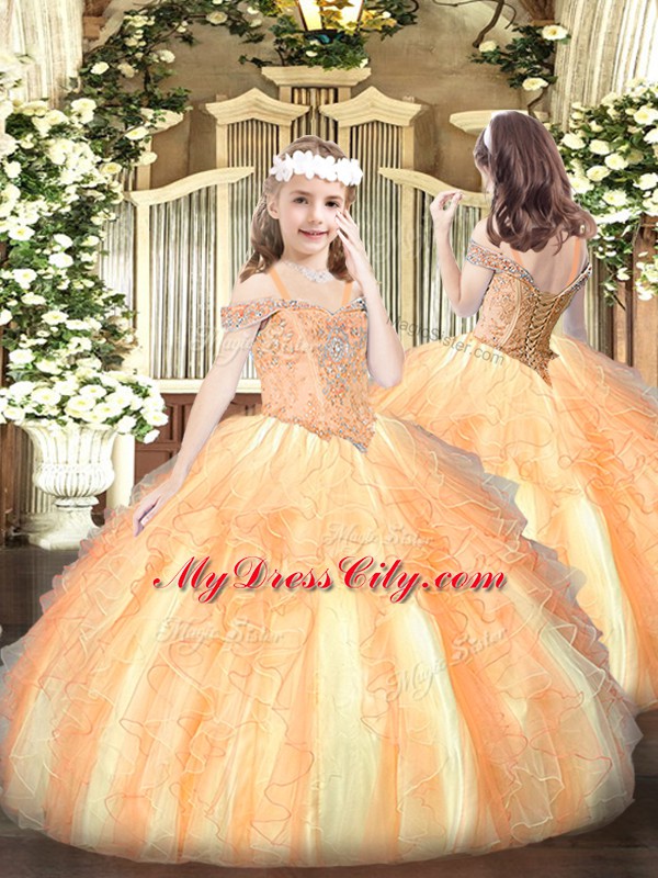 Orange Ball Gowns Off The Shoulder Sleeveless Organza Floor Length Lace Up Beading and Ruffles Pageant Gowns For Girls