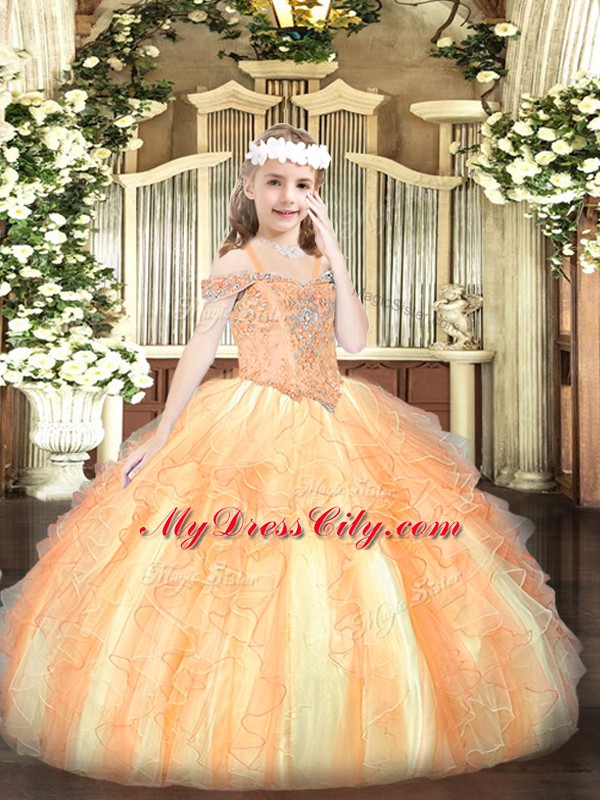 Orange Ball Gowns Off The Shoulder Sleeveless Organza Floor Length Lace Up Beading and Ruffles Pageant Gowns For Girls