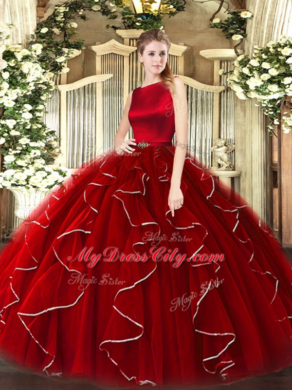 Wine Red Organza Clasp Handle Quinceanera Dress Sleeveless Floor Length Ruffles