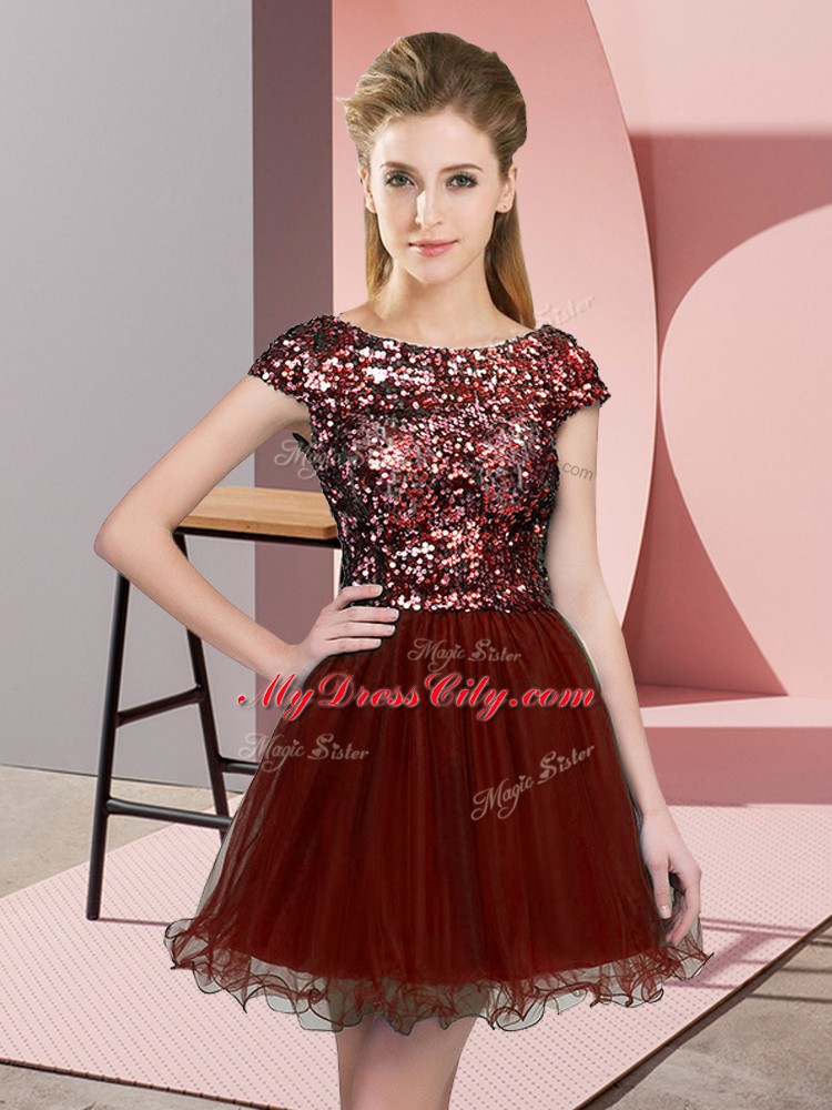 Mini Length Wine Red Wedding Guest Dresses Tulle Cap Sleeves Sequins