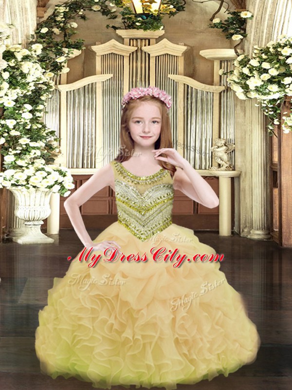 Stylish Floor Length Ball Gowns Sleeveless Gold Kids Pageant Dress Lace Up