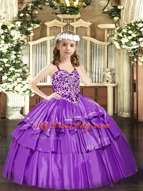 Beading and Ruffled Layers Little Girl Pageant Dress Lilac Lace Up Sleeveless Floor Length