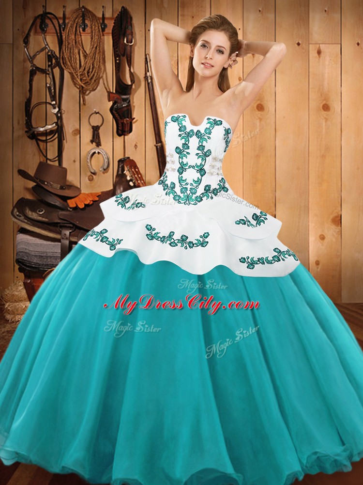 Teal Sleeveless Floor Length Embroidery Lace Up 15th Birthday Dress
