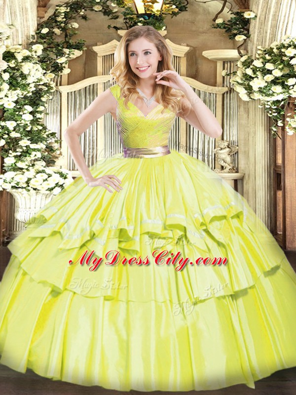 Cute Floor Length Yellow Green Quinceanera Dress Tulle Sleeveless Beading and Ruffled Layers