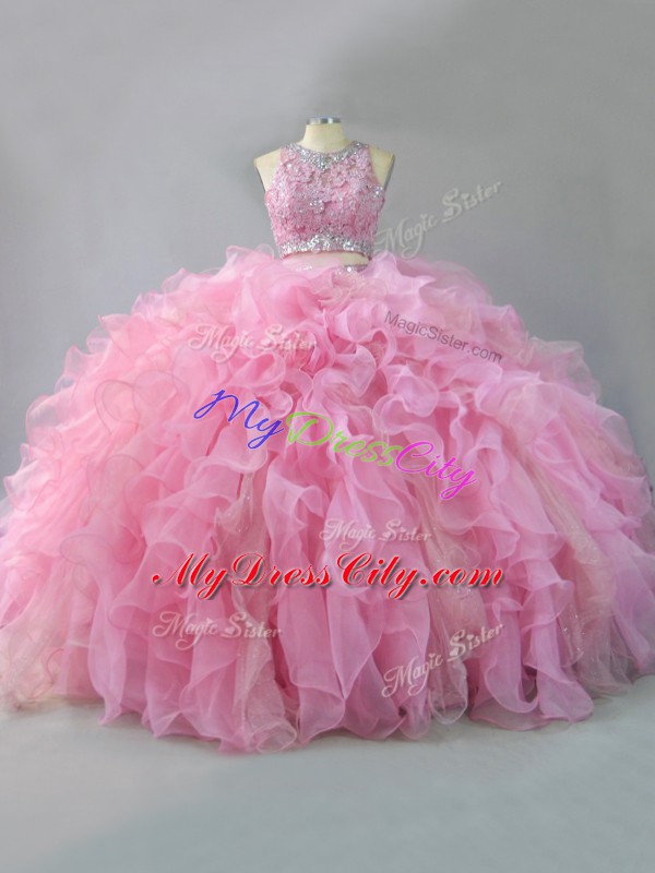 Floor Length Lace Up Sweet 16 Dresses Pink for Sweet 16 and Quinceanera with Beading and Ruffles