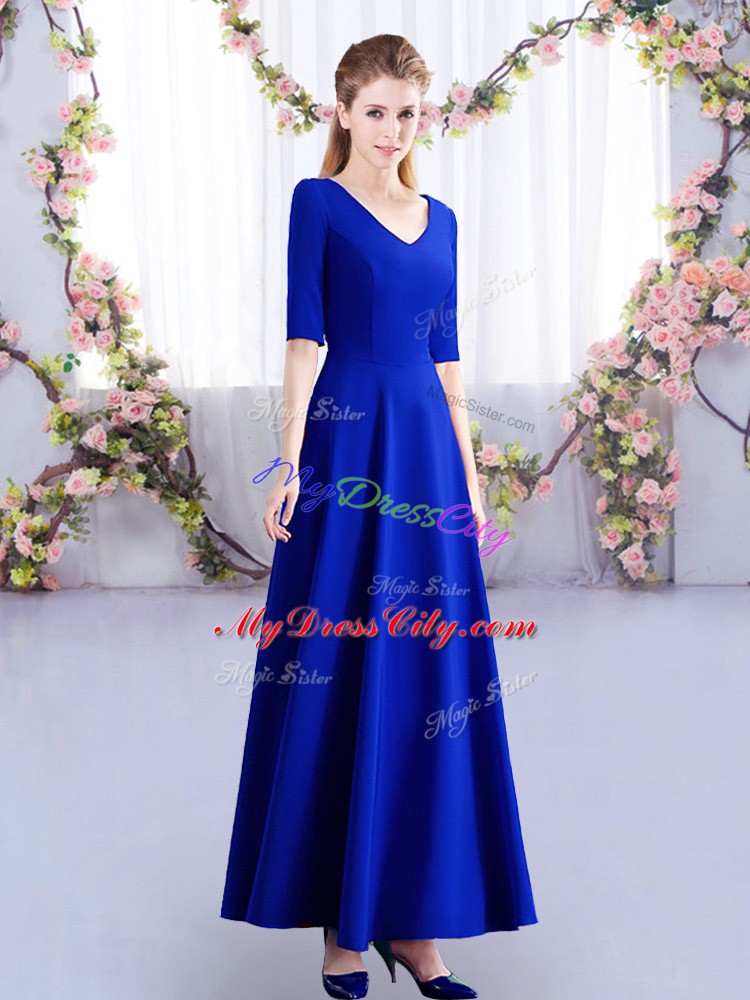 Comfortable Royal Blue Zipper Bridesmaid Dresses Ruching Half Sleeves Ankle Length