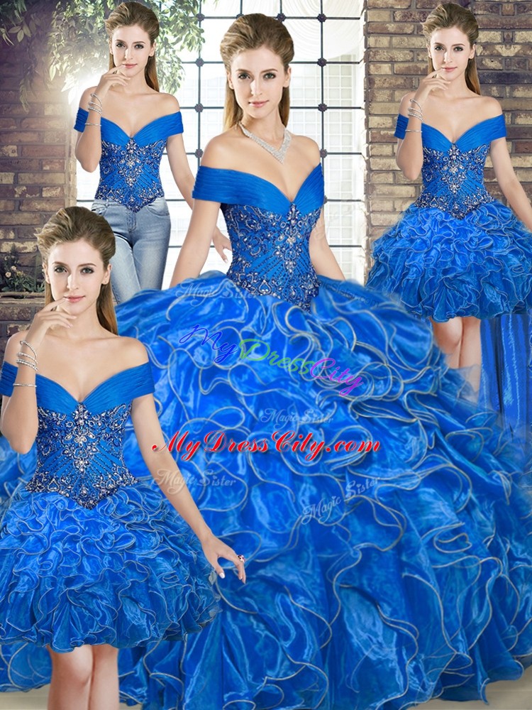 Simple Sleeveless Beading and Ruffles Lace Up Vestidos de Quinceanera