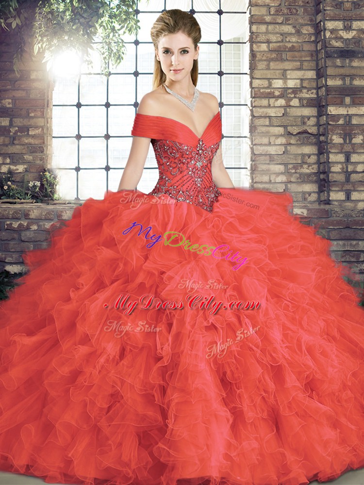 Sophisticated Floor Length Lace Up Sweet 16 Dress Coral Red for Military Ball and Sweet 16 and Quinceanera with Beading and Ruffles