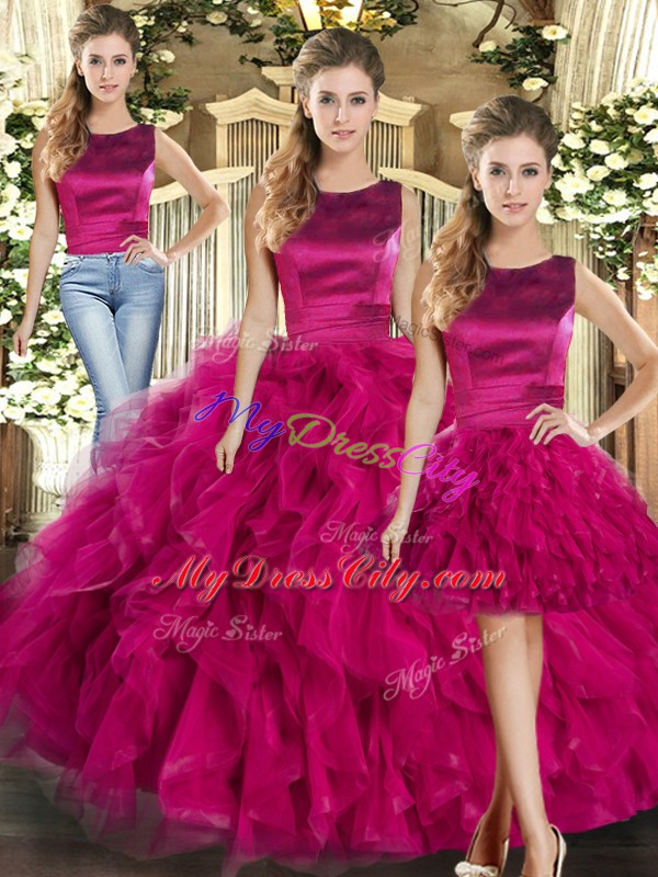 Best Selling Sleeveless Tulle Floor Length Lace Up 15th Birthday Dress in Fuchsia with Ruffles