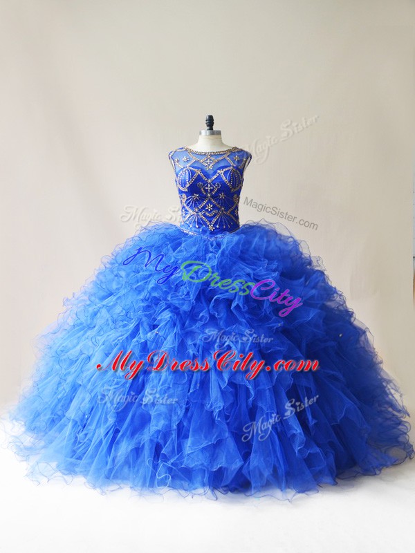 Edgy Royal Blue Scoop Lace Up Beading and Ruffles Vestidos de Quinceanera Sleeveless