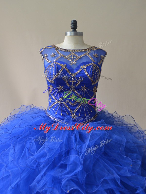 Edgy Royal Blue Scoop Lace Up Beading and Ruffles Vestidos de Quinceanera Sleeveless