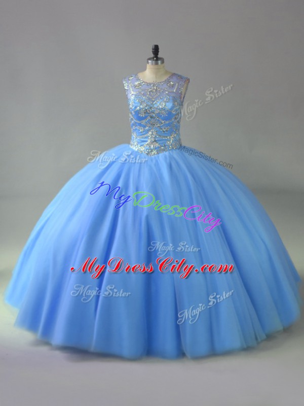 Fancy Blue Vestidos de Quinceanera Sweet 16 and Quinceanera with Beading Scoop Sleeveless Lace Up