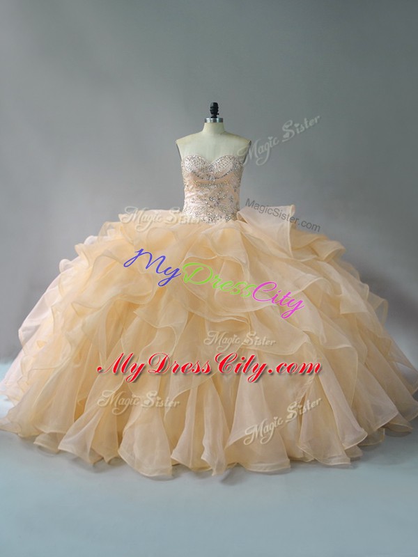 Affordable Ball Gowns Sleeveless Gold 15th Birthday Dress Brush Train Lace Up