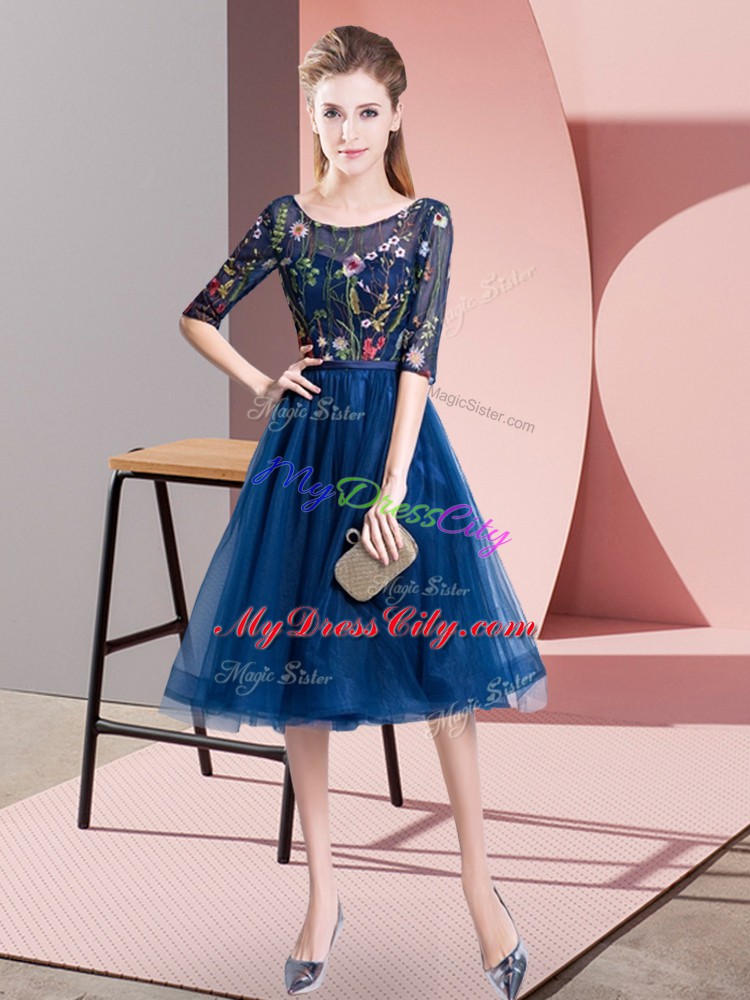 Glamorous Knee Length Empire Half Sleeves Navy Blue Bridesmaid Gown Lace Up