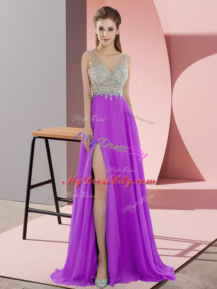 Beading Dress for Prom Lavender Zipper Sleeveless Sweep Train