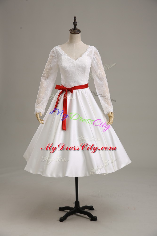 Hot Sale White V-neck Neckline Lace and Sashes ribbons Wedding Gowns Long Sleeves Clasp Handle