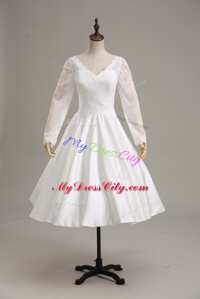 Hot Sale White V-neck Neckline Lace and Sashes ribbons Wedding Gowns Long Sleeves Clasp Handle