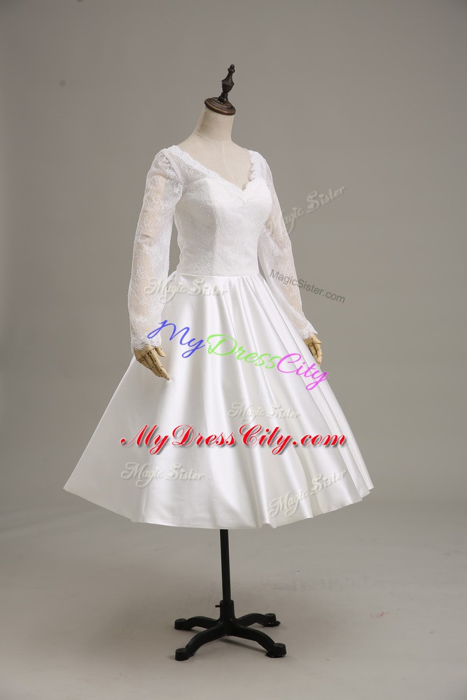 Hot Sale White V-neck Neckline Lace and Sashes ribbons Wedding Gowns Long Sleeves Clasp Handle